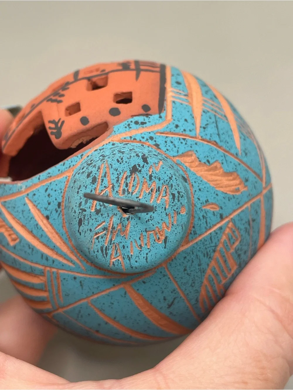 VTG Signed Pueblo Mexican Terracotta Clay Village 3” Ornament Turquoise Color
